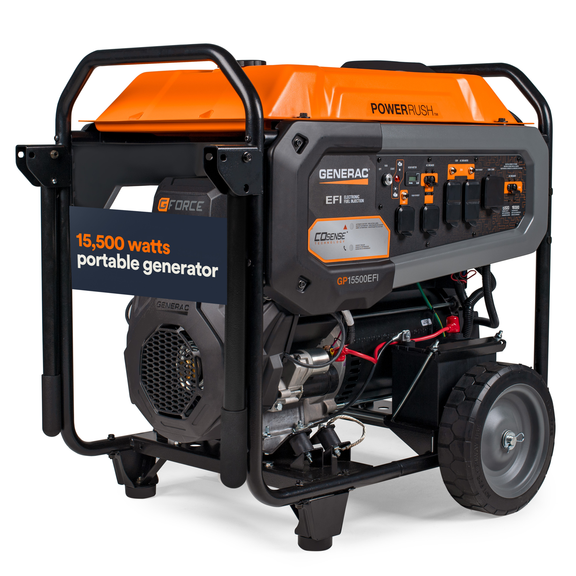 Generac 7705 GP15500EFI 19300 / 15500 Watt Electric Start Gas Powered Portable Generator w/ COSense and GFCI Covered Outlets, Wheel and Handle Kit Included, 49ST